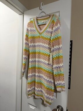 “Blue Velvet” Striped Knit Sweater Dress in Pastel Multicolor L NWT (flaws shown